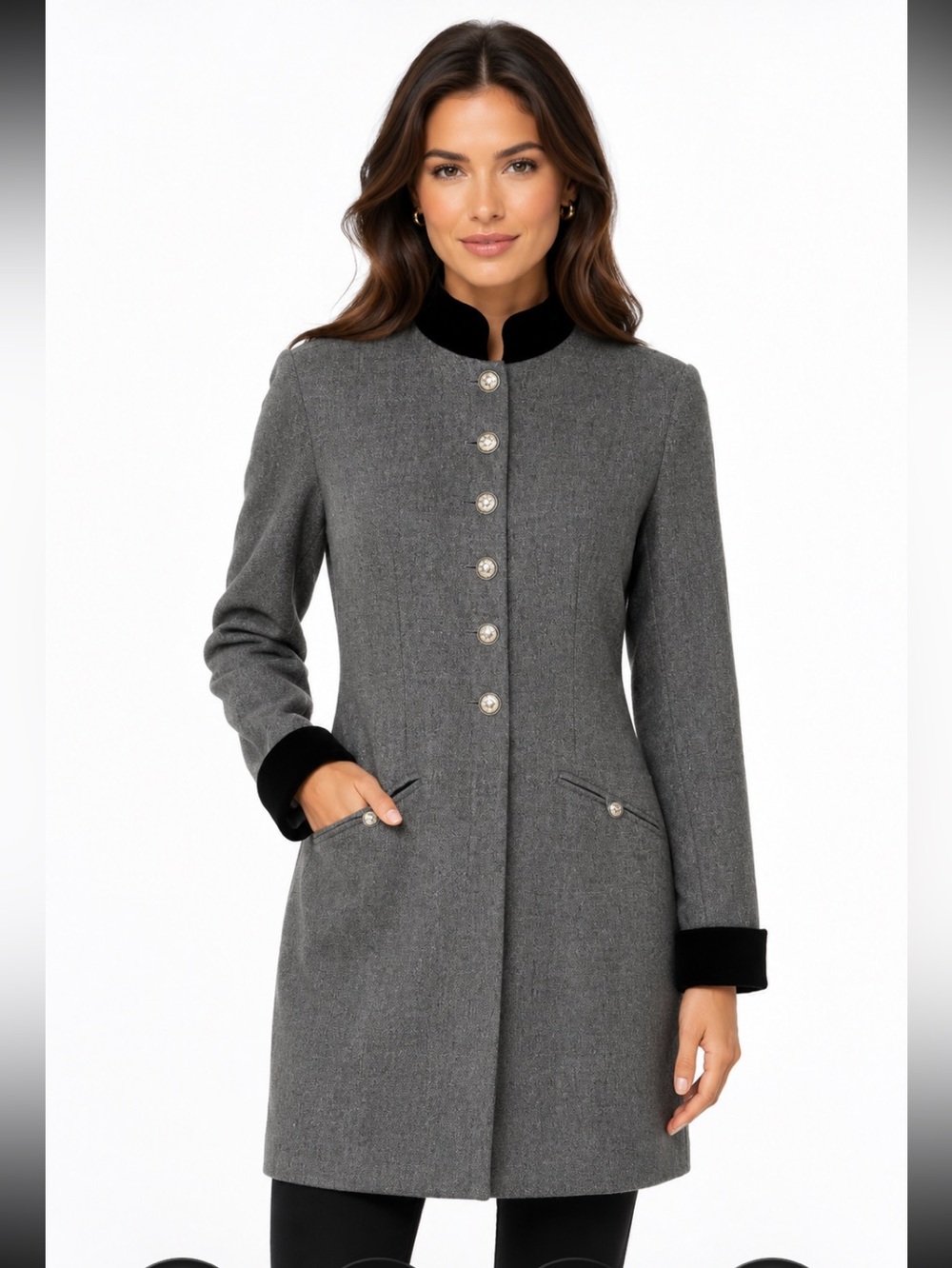 TAHARI Vintage Wool Gray & Black Velvet Collar and Cuffs Button Down Coat